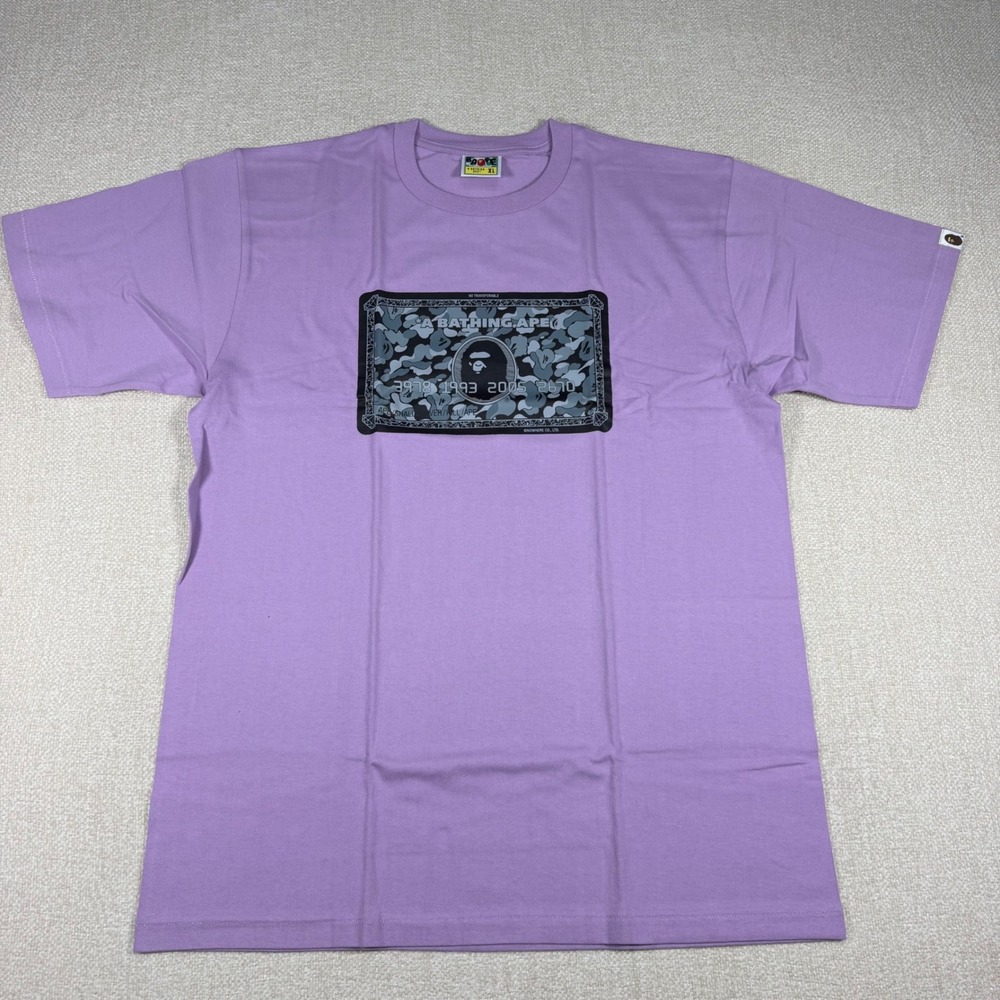 A Bathing Ape BAPE Credit Card Graphic T-Shirt Purple Mens XL Camo Ape Head NEW